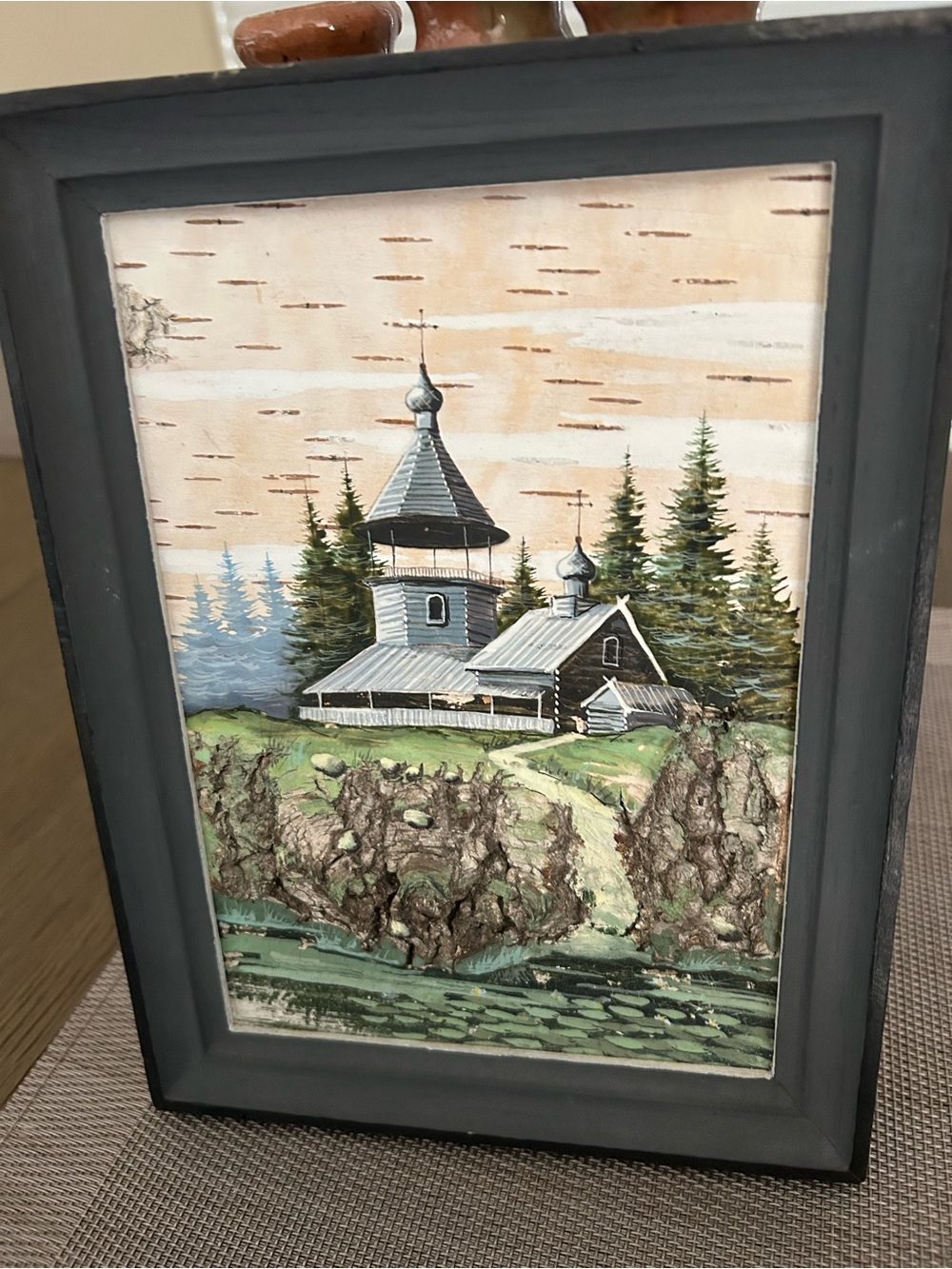 Ukrainian bark Scenic Church Framed Wall Art - Gray Frame with Green Accents